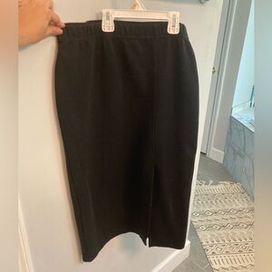 Vintage Express Tricot black ribbed midi skirt with front slit size medium